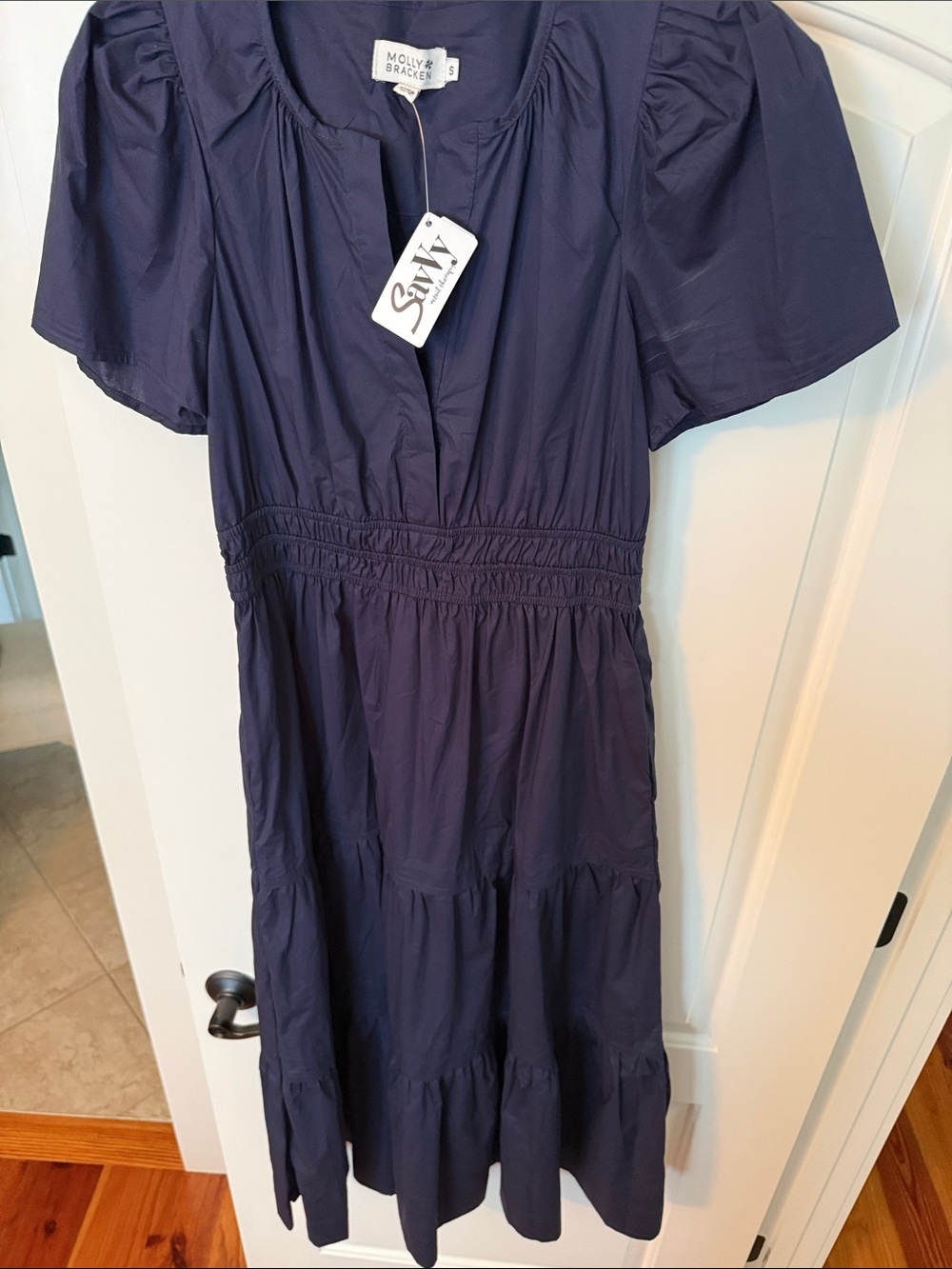 Molly Bracken Dark Navy Tiered Puff-Sleeve Dress